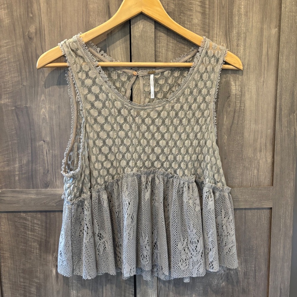 Free People Small Taupe Brown Lace Peplum Tank Top Sleeveless Boho